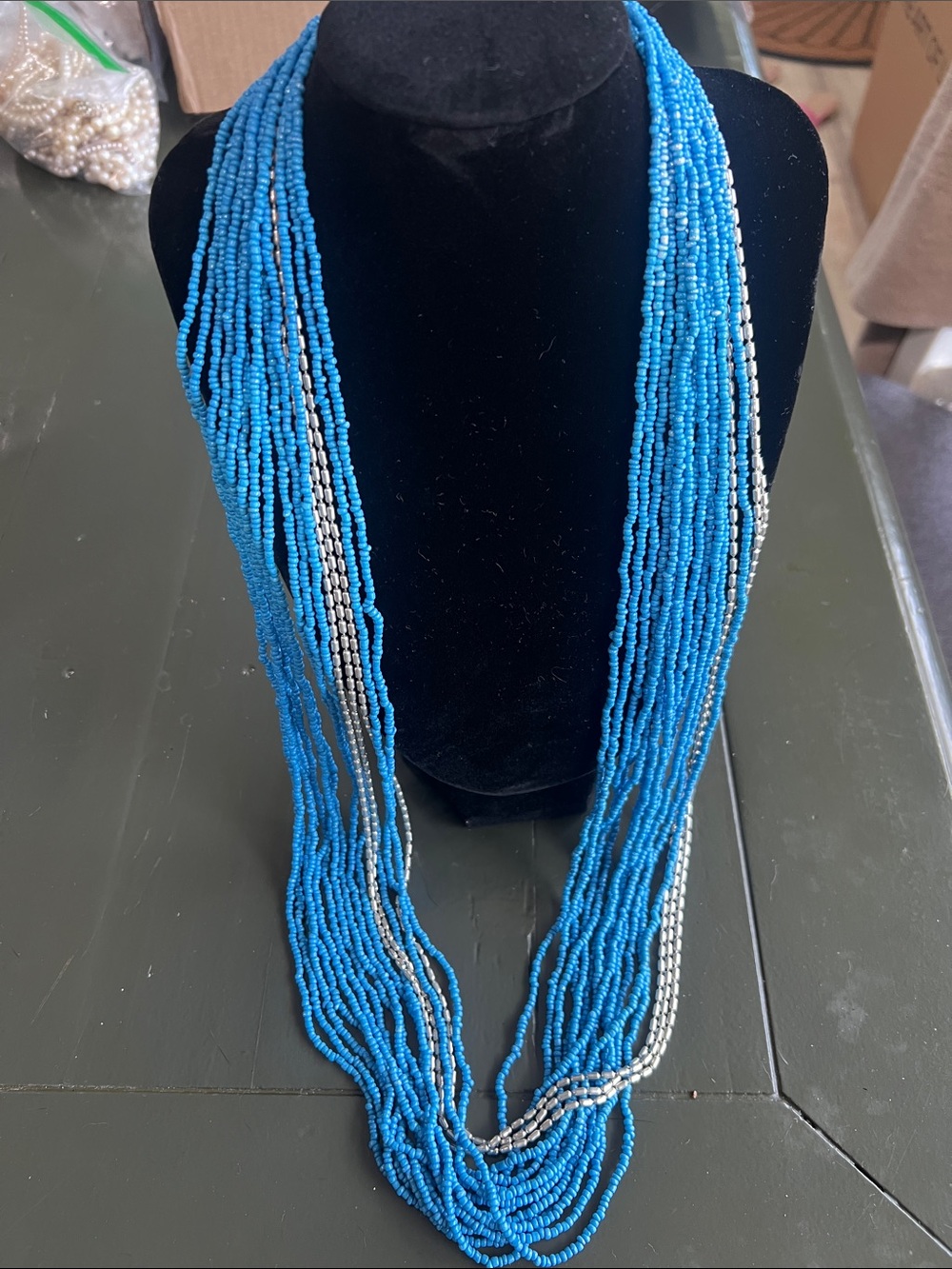 Blue & Silver Multi-Strand Seed Bead Necklace - Women Jewelry